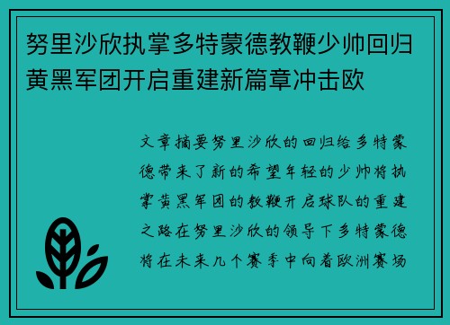 努里沙欣执掌多特蒙德教鞭少帅回归黄黑军团开启重建新篇章冲击欧